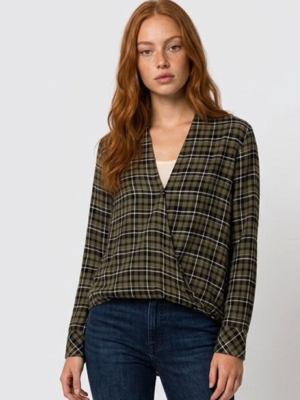Cloth & Stone Anthropology Olive Green Plaid Popover Blouse Rayon Size XS NWOT